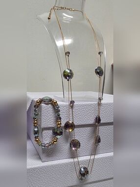 Iridescent 18k Gold-plate Chain W/Faceted Bead Necklace & Bracelet Set